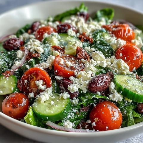 Greek Salad Bowl with crisp romaine, creamy feta, and briny Kalamata olives tossed in vinaigrette.