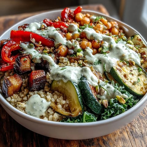 Freshly roasted eggplant and zucchini top a hearty bowl of Mediterranean Buddha Bowl meal prep, drizzled with creamy tahini dressing.