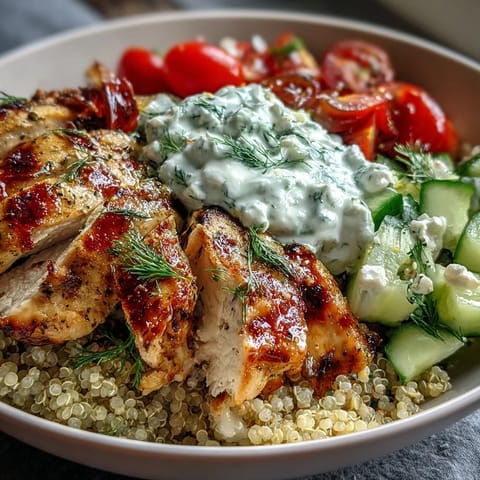 Juicy lemon-herb grilled chicken slices sit atop fluffy quinoa with crisp cucumbers and tomatoes in this Greek Chicken Power Bowl.