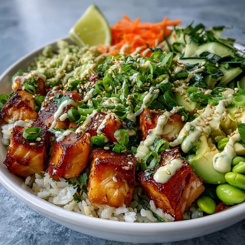 Golden-brown broiled salmon cubes rest on fluffy white rice with sliced cucumbers, carrots, and avocado, creating a vibrant Baked Salmon Rice Bowl.