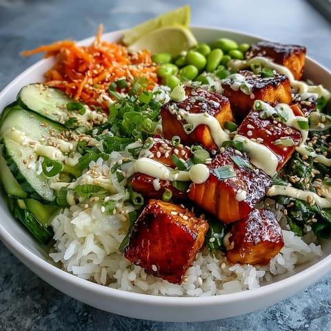 A freshly assembled Baked Salmon Rice Bowl features juicy salmon, crisp vegetables, and a drizzle of creamy sriracha mayo for a perfect weeknight dinner.