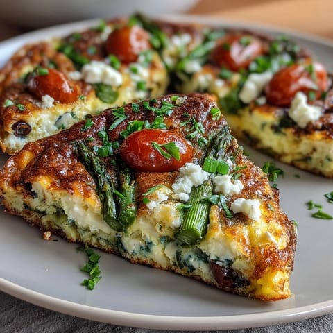 Healthy Easy Spring Veggie Frittata with fresh asparagus, spinach, and cherry tomatoes baked to golden perfection in a skillet.