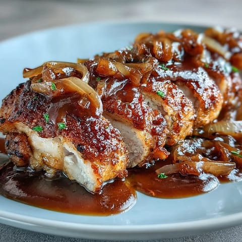 A cast-iron skillet holds golden-brown chicken smothered in rich, savory onion gravy, ready to serve.