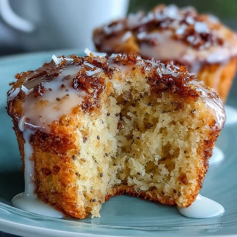 Fluffy lemon poppy seed muffins with a glossy lemon glaze, perfect for a bright spring brunch table.