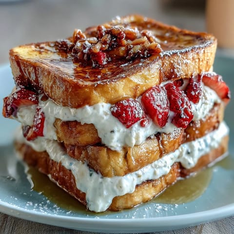 Spring brunch strawberry French toast bake with golden brioche, fresh strawberries, and crunchy almond topping.  