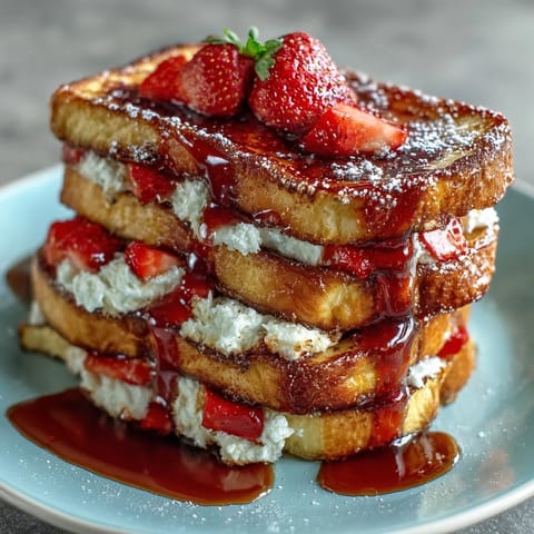 A fluffy strawberry French toast casserole baked with custard, layered brioche, and sweet berries for a spring morning treat.  