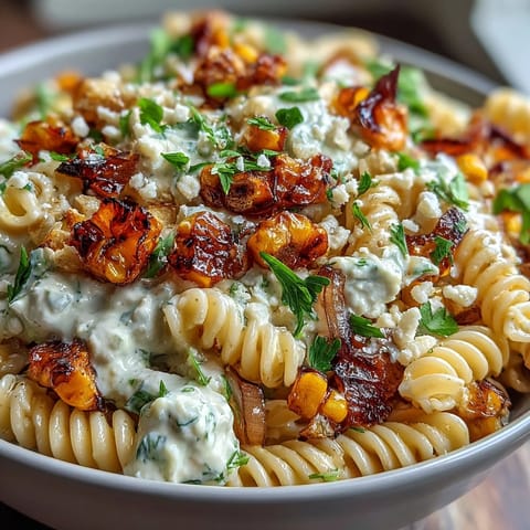 Vibrant elote pasta salad with cotija, chili, and lime, bursting with charred corn, zesty dressing, and fresh herbs in a creamy mix.