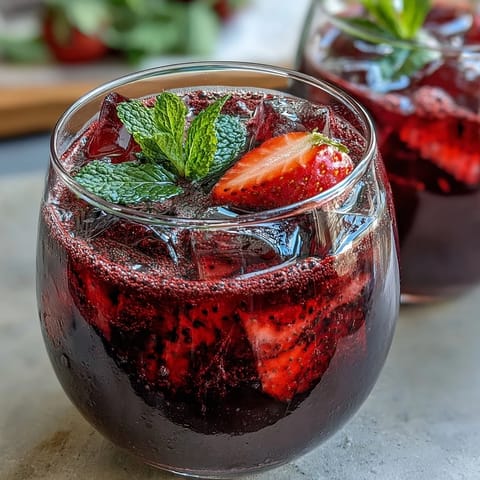 Vibrant Homemade Starbucks Strawberry Açaí Refresher with fresh strawberries, açaí powder, and a hint of lemon, served over ice.