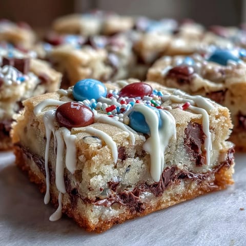 Colorful graduation cookie bars with chocolate chips and white chocolate drizzle, perfect for celebrating success and easy to customize with school colors.