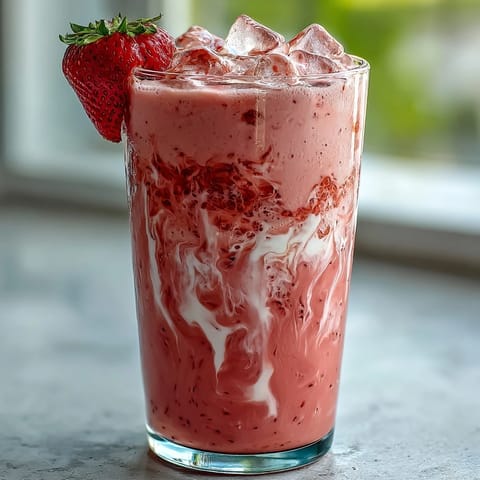 Refreshing pink drink with strawberry açaí and coconut milk, topped with fresh strawberry slices and served over ice in a tall glass.