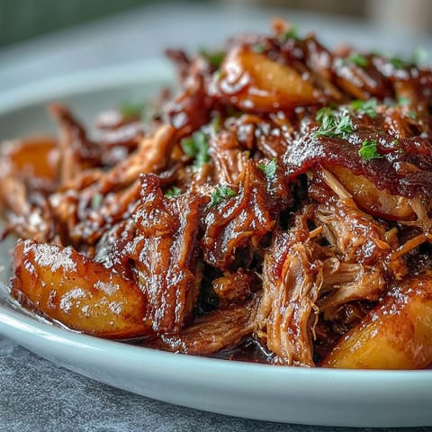 Slow cooker honey peach BBQ pulled pork with tender meat and juicy peaches in a sweet tangy sauce.