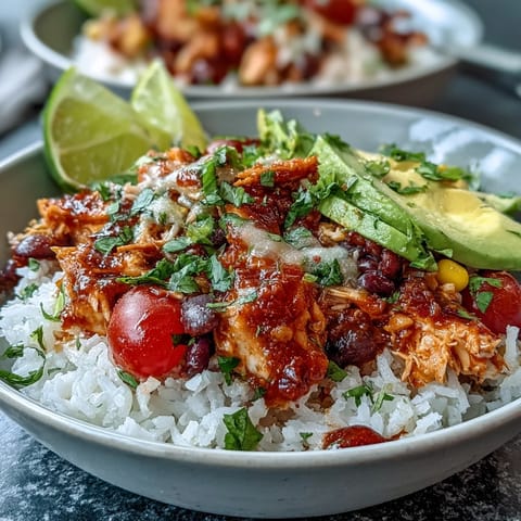 Vibrant salsa chicken bowls with shredded chicken, black beans, corn, and fresh avocado over rice, topped with cilantro and lime.