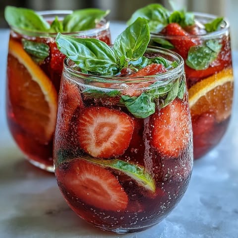 Vibrant strawberry basil sangria mocktail with citrus slices and fresh basil, perfect for summer gatherings and alcohol-free celebrations.