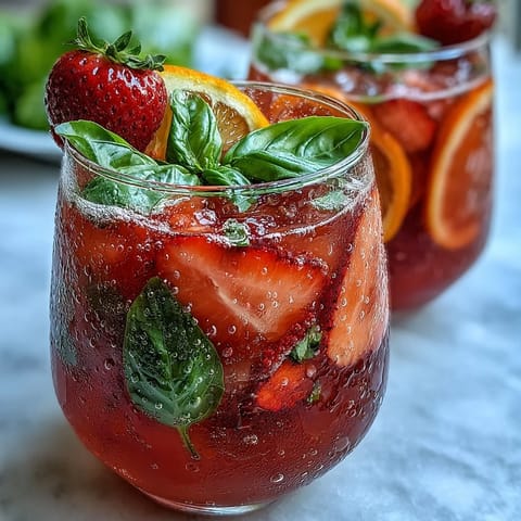 Refreshing alcohol-free sangria mocktail featuring juicy strawberries, orange, lemon, and fragrant basil leaves in a clear pitcher.