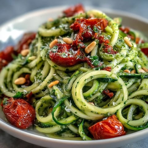 Vibrant zucchini noodles tossed with fresh basil pesto and juicy cherry tomatoes for a healthy, gluten-free dinner.