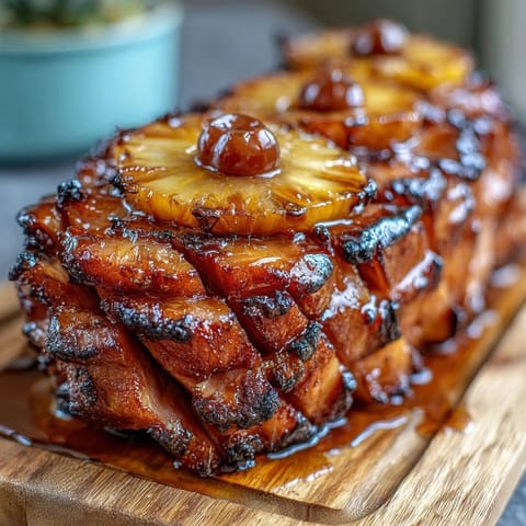 1. Honey glazed ham with pineapple rings and cherries, baked to a golden, caramelized finish for a festive Easter centerpiece.  