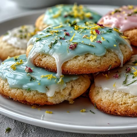 Tender, zesty lemon cookies topped with soft pastel glaze, ideal for Easter or Mother's Day.