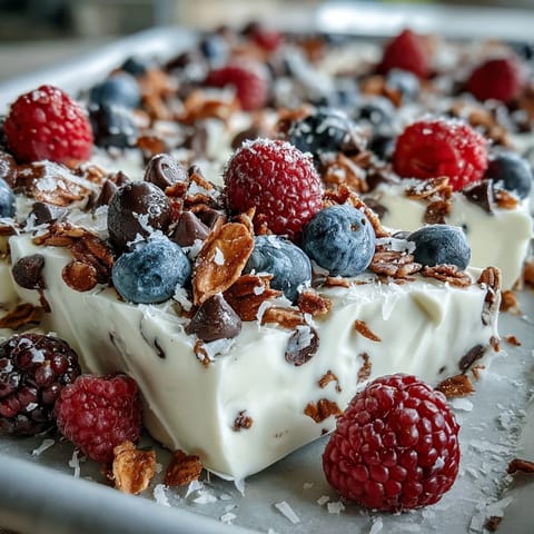 Frozen yogurt bark with berries and granola, a colorful and refreshing frozen treat, topped with juicy berries and crunchy granola for a satisfying snack.