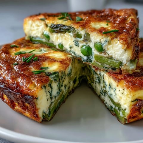 Vibrant spring frittata with asparagus, peas, and creamy goat cheese, baked to golden perfection for a light brunch.  