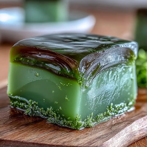 Vibrant yokan, a layered red bean and matcha jelly dessert, ready to be sliced.