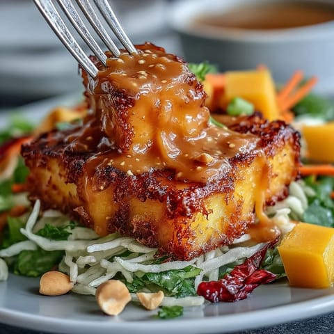 Colorful Thai Mango Salad with crispy tofu, drizzled with peanut sauce.