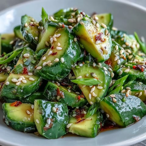 Vibrant smashed cucumber avocado salad with sesame seeds, a fresh side.