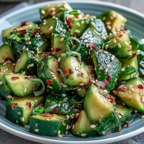 Creamy smashed cucumber avocado salad, tossed with sesame oil for lunch.