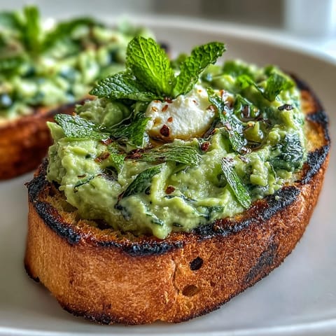 Vibrant fava bean and mint bruschetta piled high on smoky grilled sourdough.