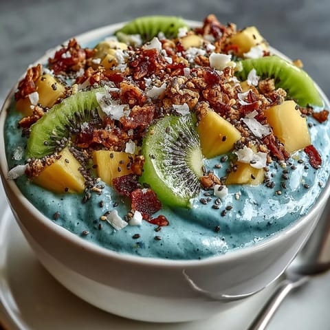 Creamy blue spirulina smoothie bowl, a healthy breakfast bursting with sweet, juicy fruit.