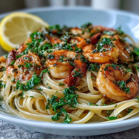 Shrimp Scampi Linguine: vibrant dish with succulent shrimp in a garlicky white wine sauce.