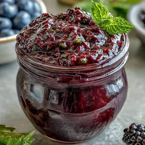 Glossy blackberry jalapeño BBQ sauce shimmering in a jar, ready for grilling.