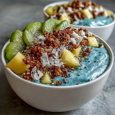 Vibrant blue spirulina smoothie bowl topped with colorful, fresh tropical fruit medley.