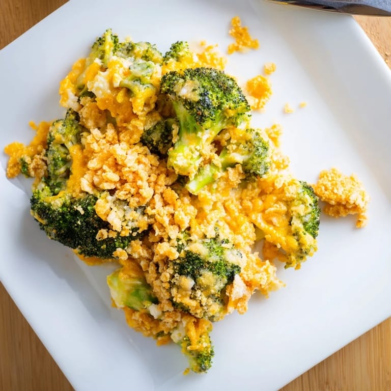 Freshly baked Broccoli Casserole served on a white plate, showing tender green florets and creamy cheddar.