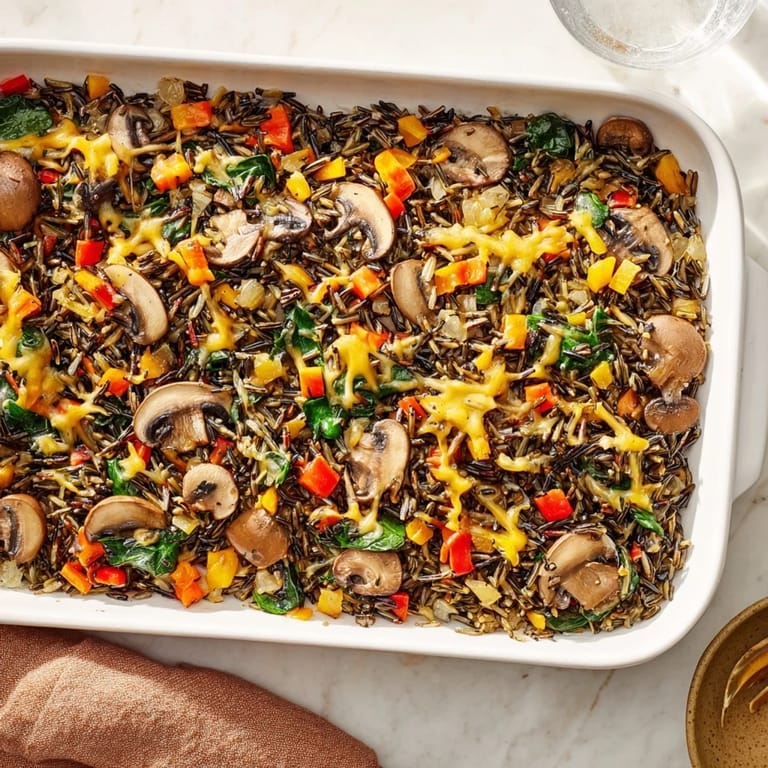 Wild Rice Casserole, a colorful vegetarian bake with carrots, celery, and red bell pepper ready to serve.