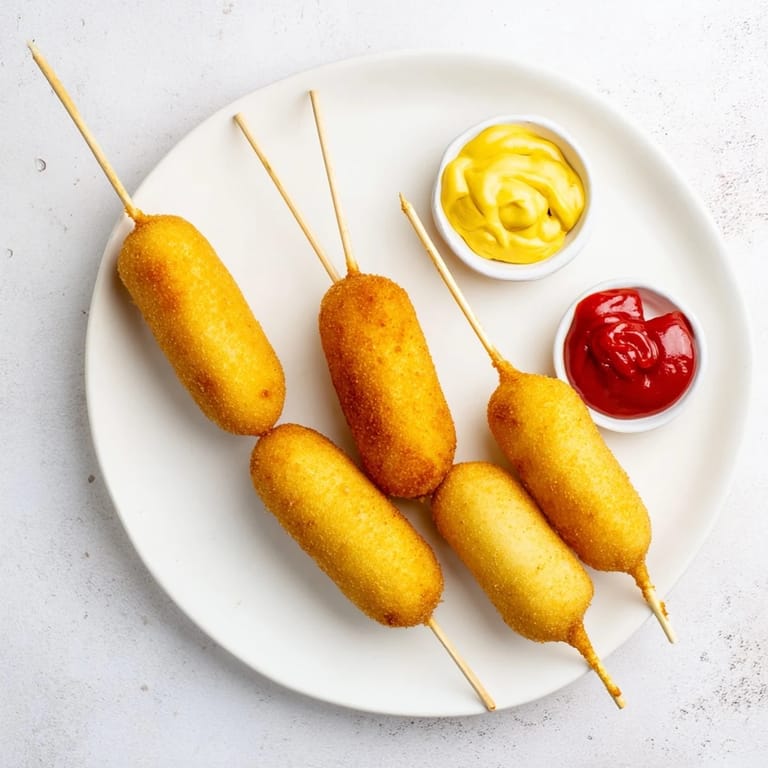 A hand holding a classic Corn Dog dipped in batter, juicy hot dog inside, perfect fairground snack.