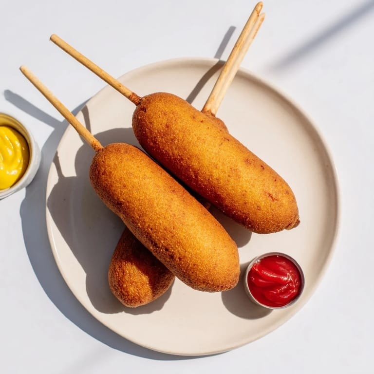 Close-up of a Corn Dog on a wooden stick, crunchy golden crust, ready to serve with dipping sauce.