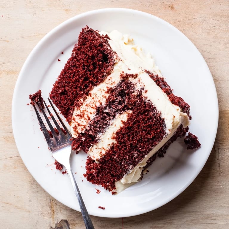 Classic Red Velvet Cake layers, soaked in rich cream cheese frosting, stand tall on a cake stand. Ideal for celebrations, with crumbs and a cake knife nearby in the background.
