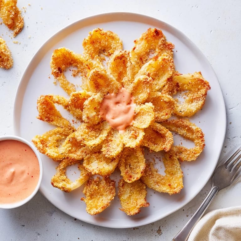 Sizzling Onion Petals with Spicy Dipping Sauce beside fresh parsley garnish, perfect for game day snacking or parties.