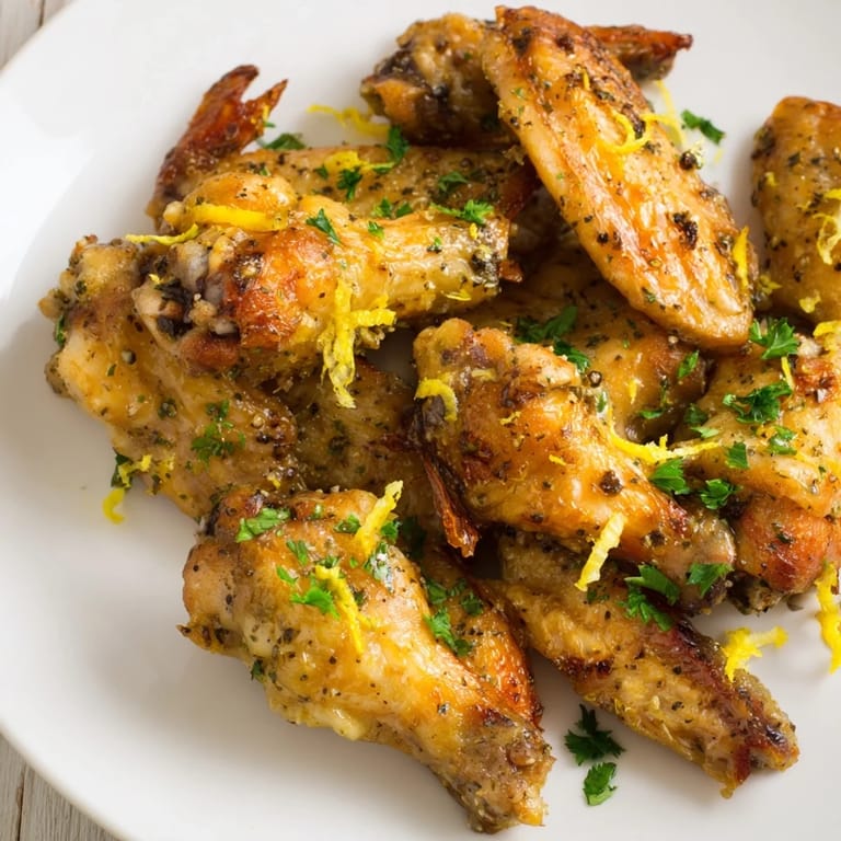 A close-up of golden Lemon Pepper Wings piled high, ready to be dipped in creamy ranch dressing.