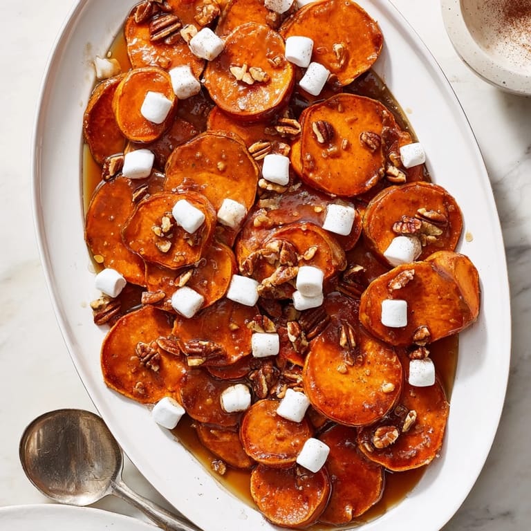Sliced sweet potatoes are baked in a warm skillet, topped with toasted pecans and a drizzle of buttery syrup for a delicious treat.