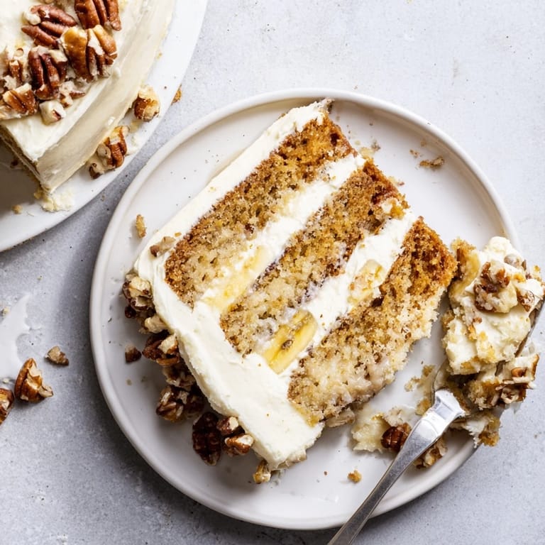 Decadent Hummingbird Cake slice featuring fluffy cream cheese frosting, chopped pecans, and fresh banana garnish on a white dessert plate.