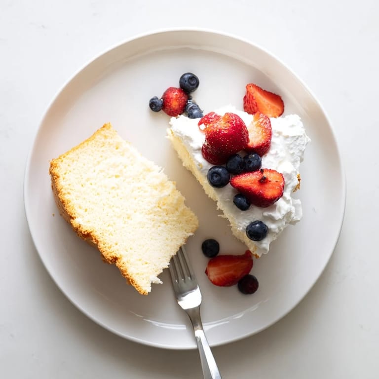 Sliced Angel Food Cake plated with ripe berries and a dollop of whipped cream, ideal for a summer dessert spread.