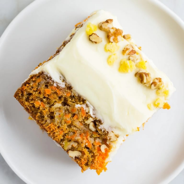 A thick slice of Carrot Cake shows moist layers, pineapple bits, and toasted walnuts.