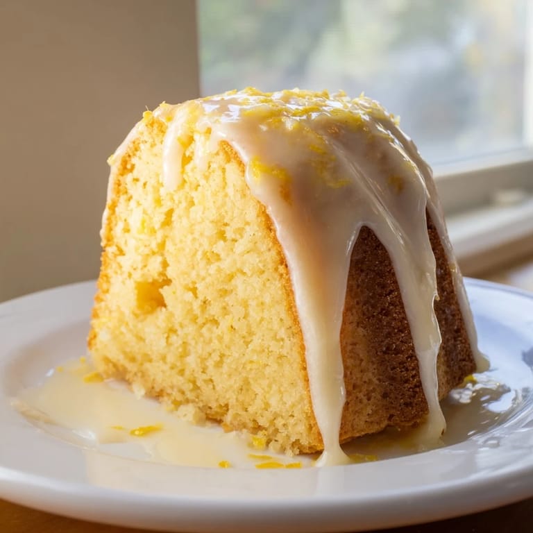 Freshly glazed Lemon Pound Cake, with drips of sweet lemon icing, cools on a wire rack beside zesty lemons.