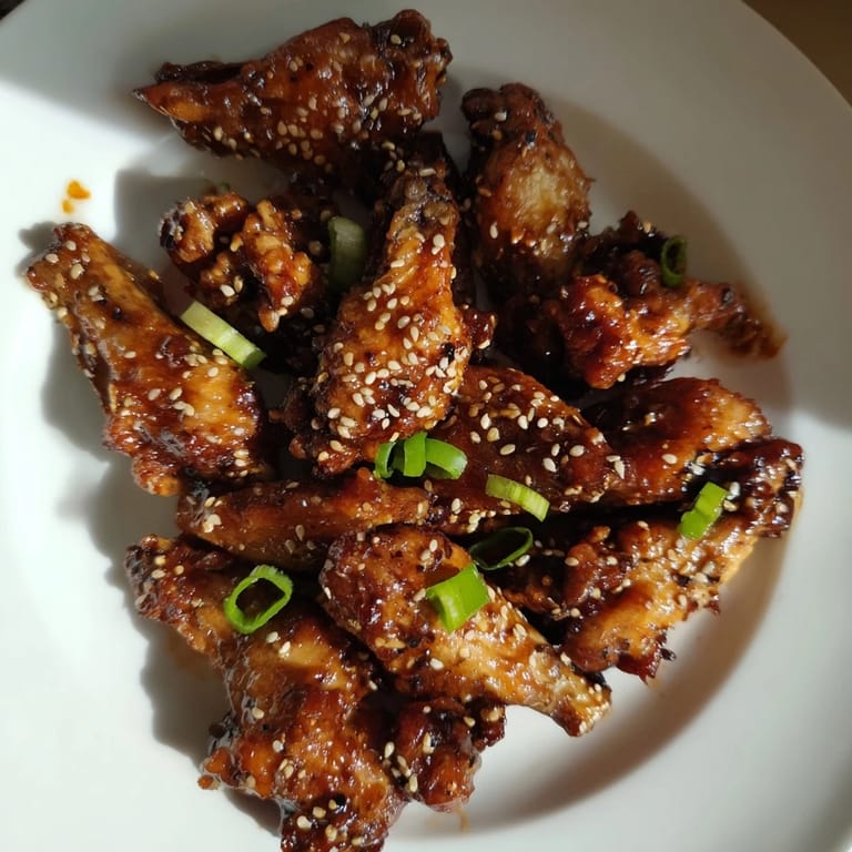 Freshly baked Asian Sticky Wings on a wire rack, brushed with a savory soy-ginger sauce