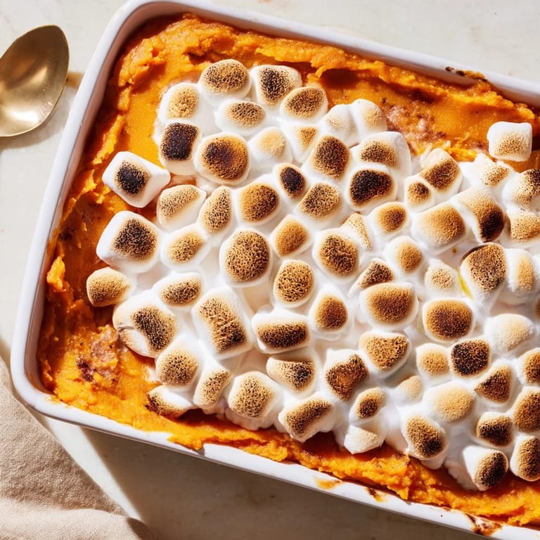 Classic Sweet Potato Casserole with fluffy mash, cinnamon, and toasted marshmallows, paired with a serving spoon.