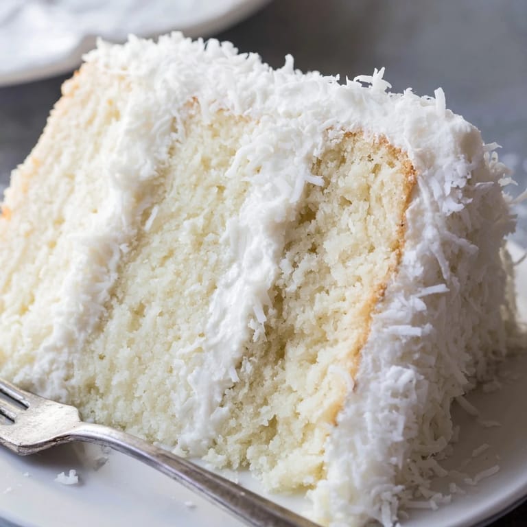 Freshly sliced wedges of Coconut Cake reveal tender crumb and creamy coconut filling, served on dessert plates next to steaming black tea.