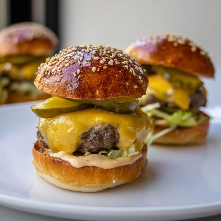 Cheesy slider patties with lettuce and special sauce on a sesame bun, ideal for a family dinner.