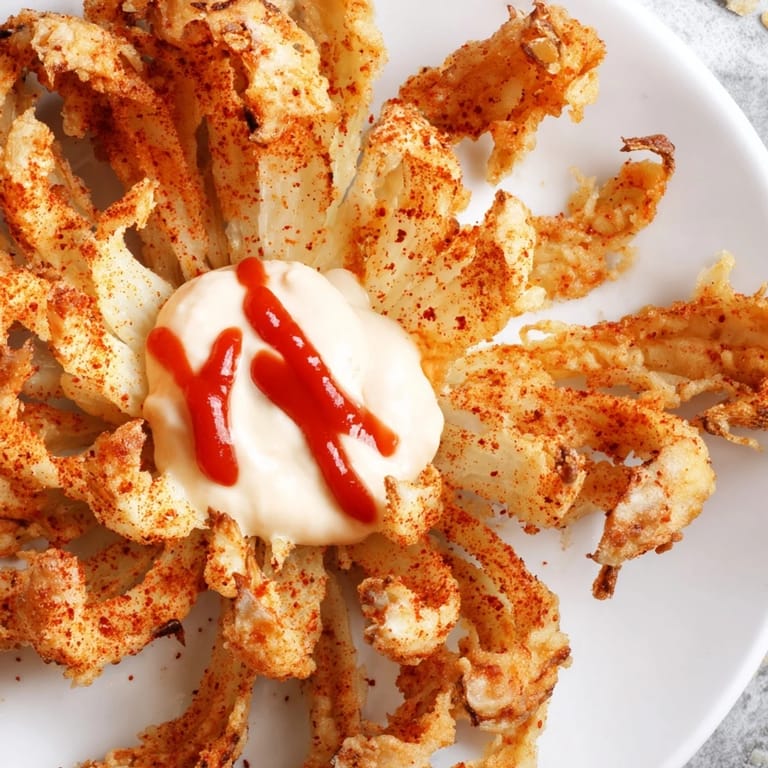 A show-stopping Blooming Onion appetizer with caramelized onion petals, perfect for a game day spread or family dinner on a rustic table.