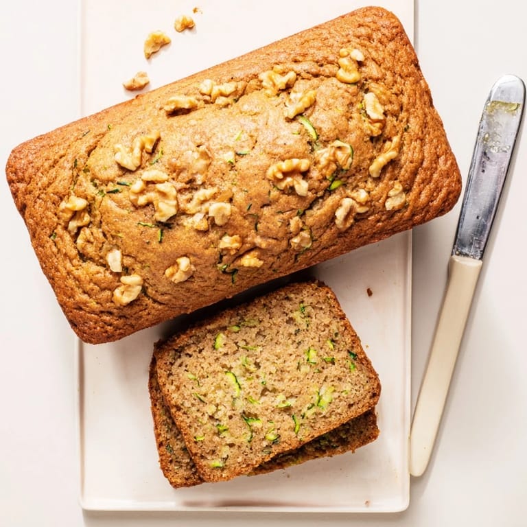 Warm Zucchini Bread slice showing moist crumb and nuts, paired with a glass of milk for breakfast.